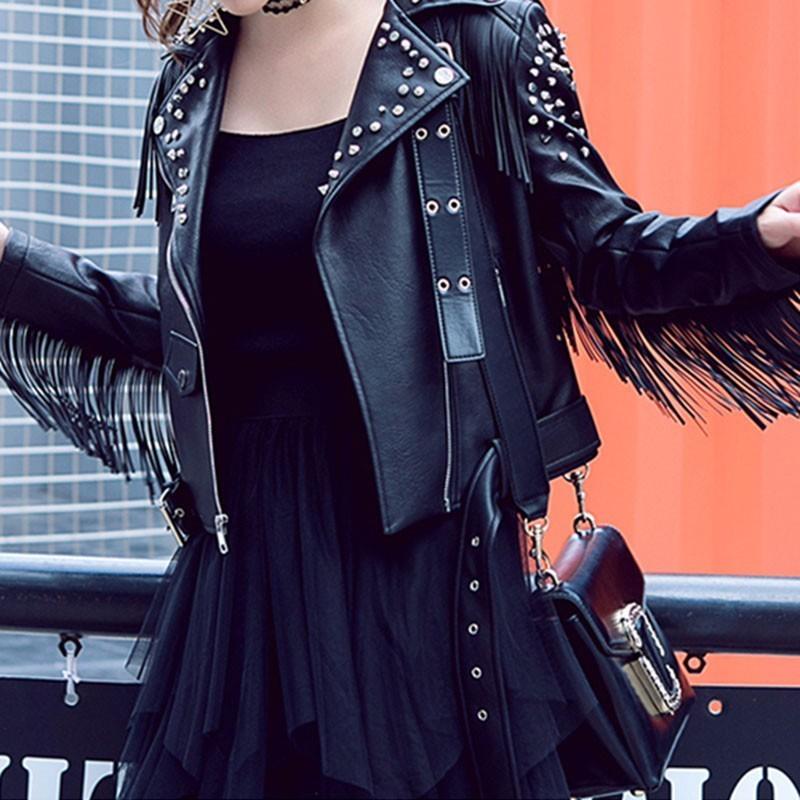 

Women' Leather & Faux Jacket Women Fringed Rivet Punk PU Locomotive Short Coat Motorcycle Outerwear Ladies Female Coats PY44Women, Black