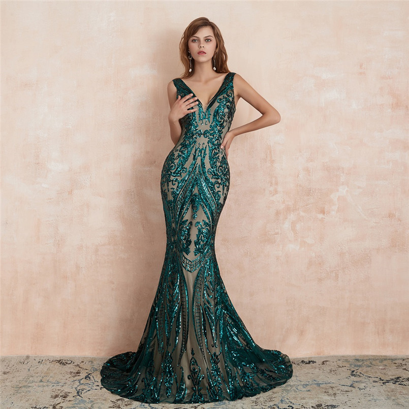 

Gorgeous Lace Mermaid Evening Dresses Designer 2023 New Sexy V Neck Backless Sequined Long Party Occasion Gowns Prom Wears BM3303, Dark navy