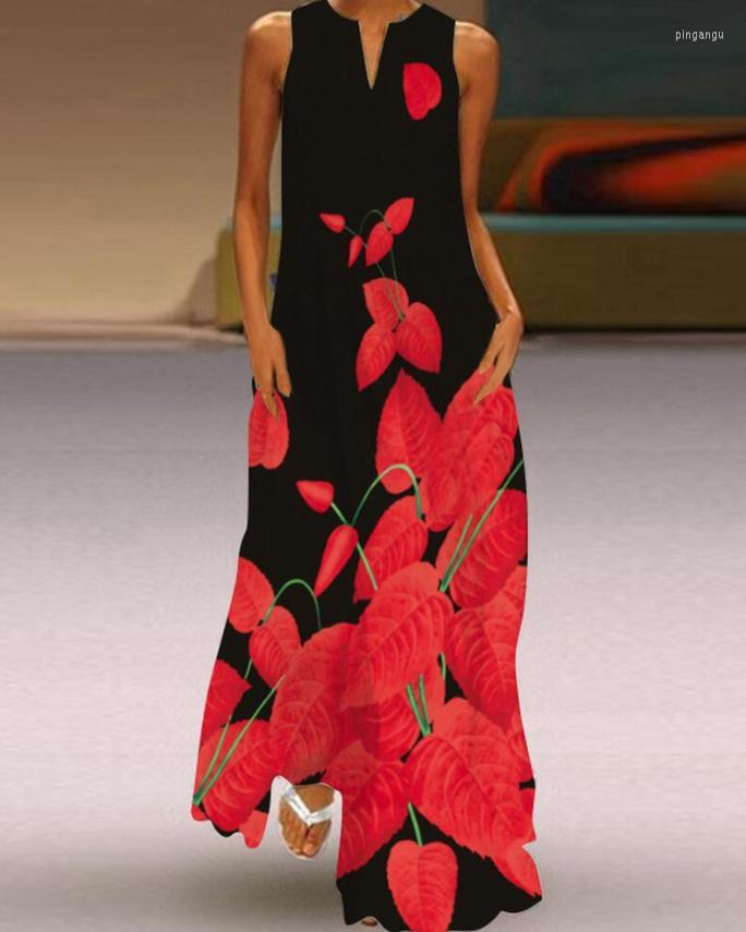 

Casual Dresses Summer For Women 2023 Sleeveless V-Cut Maxi Fashion Plants Print Straight Vacation Dress