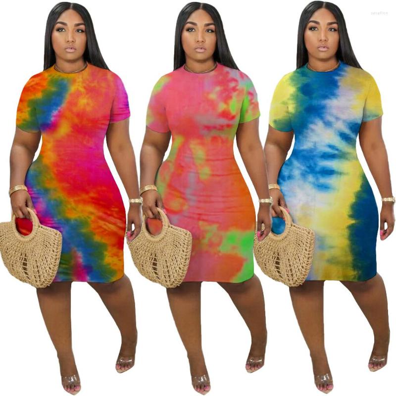 

Party Dresses 2023 Women Tie Dye Print O-neck Short Sleeve Bodycon Midi Dress Sexy Club Bandage Knee Length Pencil, Pink