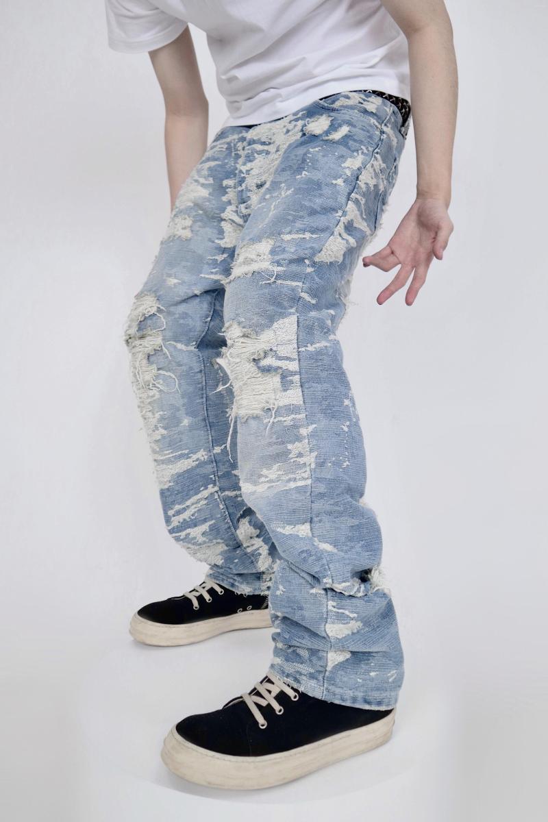 

Men's Jeans Custom Heavy Duty Loose Ripped Jacquard Pure Cotton Men's Trendy Street Straight Leg Pants Men Women, Blue