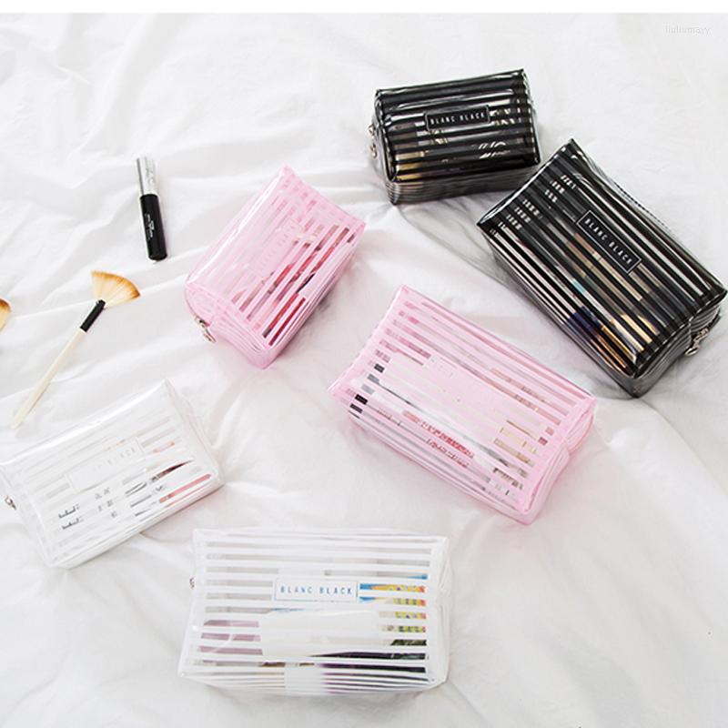 

Cosmetic Bags Portable Waterproof Transparent Makeup Bag Fashion Striped Zipper Organizer Women Travel Toiletry, White