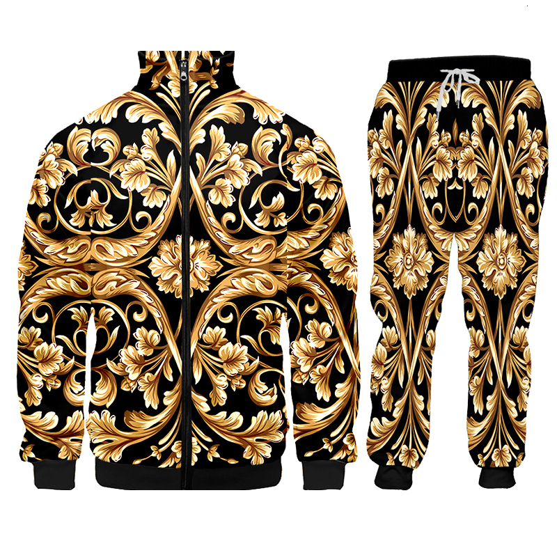 

Men s Tracksuits Luxury Tracksuit 3D Print Golden Pattern Baroque Stand up Collar Jacket Zip Hoodie Clothes Sweatshirt 230217, T-shirt pants