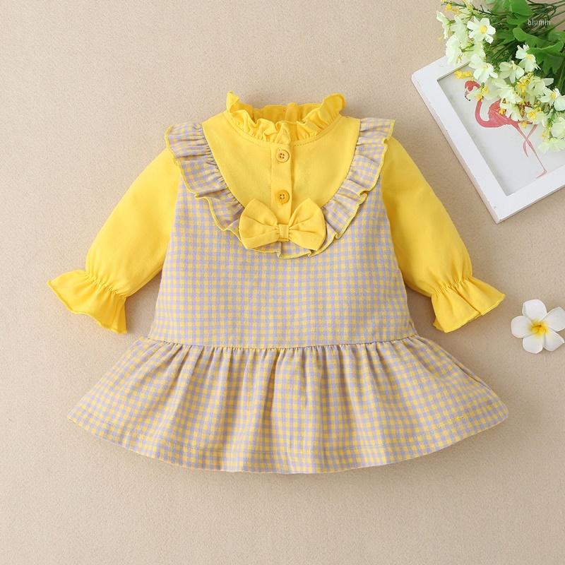 

Girl Dresses Winter Dress Baby Plaid Patchwork Bow Long Lantern Sleeve Ruffles Collar Princess Clothes 0-18M, Qsqz0011-ye