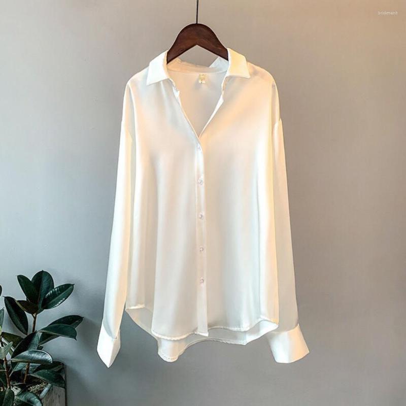 

Women's Blouses Women's Shirt Collared Long Sleeve Satin Fashion Tops Spring And Autumn Vertical Korean Style Loose Womens Clothes, Champagne