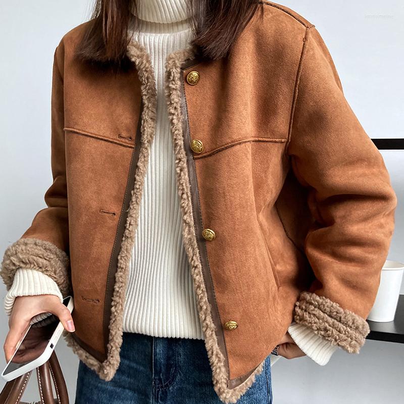 

Women's Fur Imitation Lamb Hair Women's Plush Coat Double Faced Solid Single Breasting Round Neck Outerwear Straight Thick Female Jacket, Orange