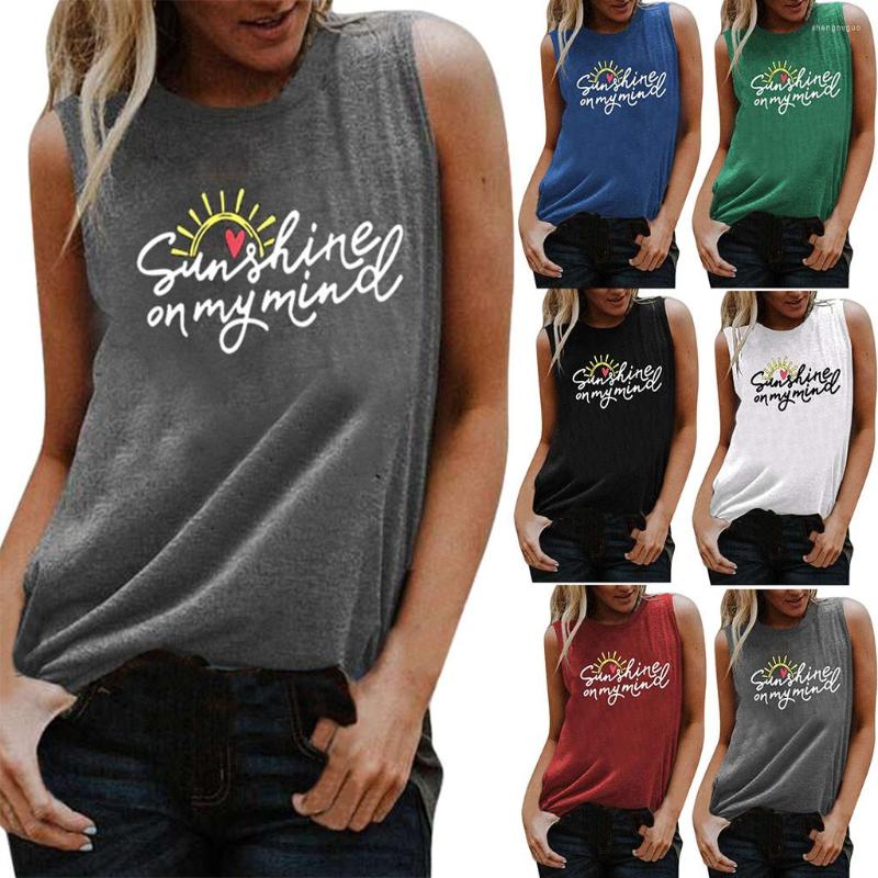 

Women's Tanks Fashion 'Sunshine On My Mind' Tank Tops Letter Loose Womens Tshirt O-Neck Casual Summer Ladies Vest Female Blusas, Red