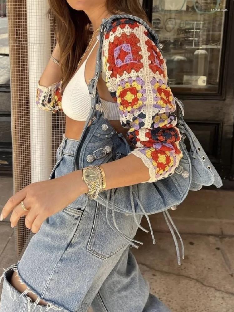 

Women's Knits 2023 BOHO Geometric Plaid Hand Crochet Bat Cardigan Woman V Neck Long Sleeve Shawl Sweater Open Stitching Cape Jumper Holiday, Sky blue