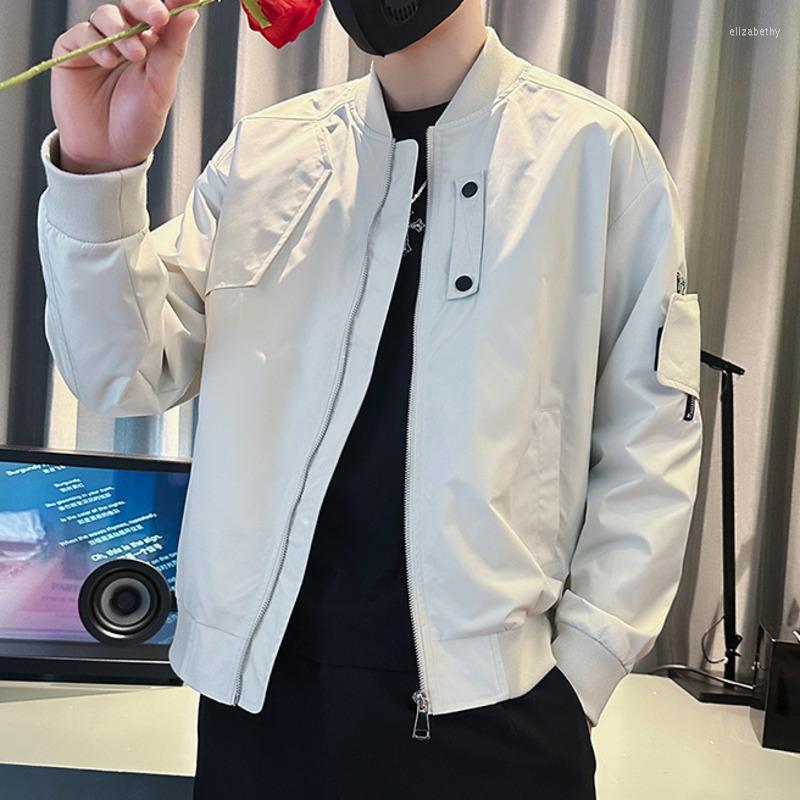 

Men's Jackets High Street Solid Color Retro Couple Bomber Jacket Stand Collar Zipper Pocket Baseball Men Coat Male Club Outfit, Beige