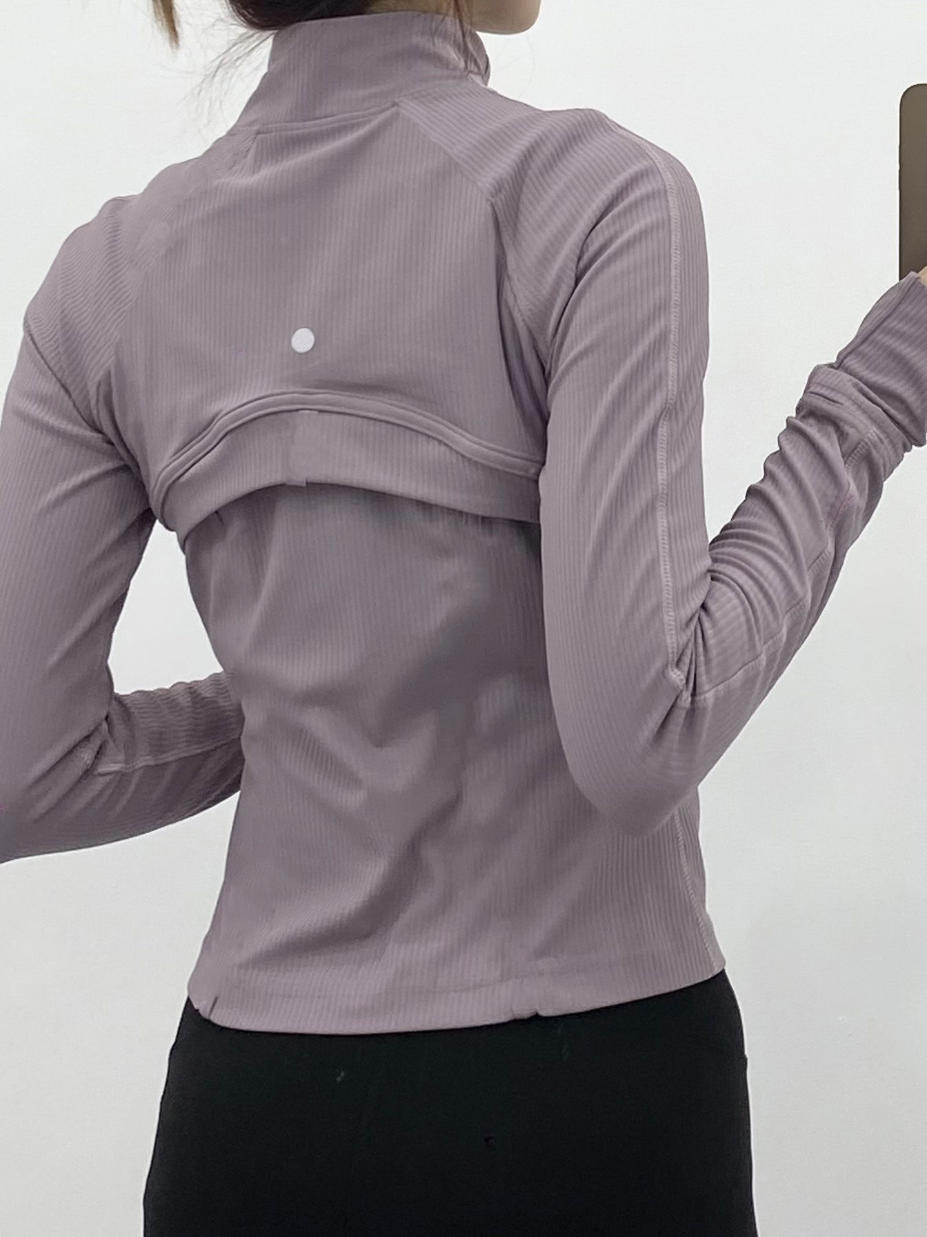 

LL Ribbed Cropped Jacket Yoga Clothes Women Coat Waist Length Sweatshirts Slim Fit Sports Jackets with Thumbholes, Black