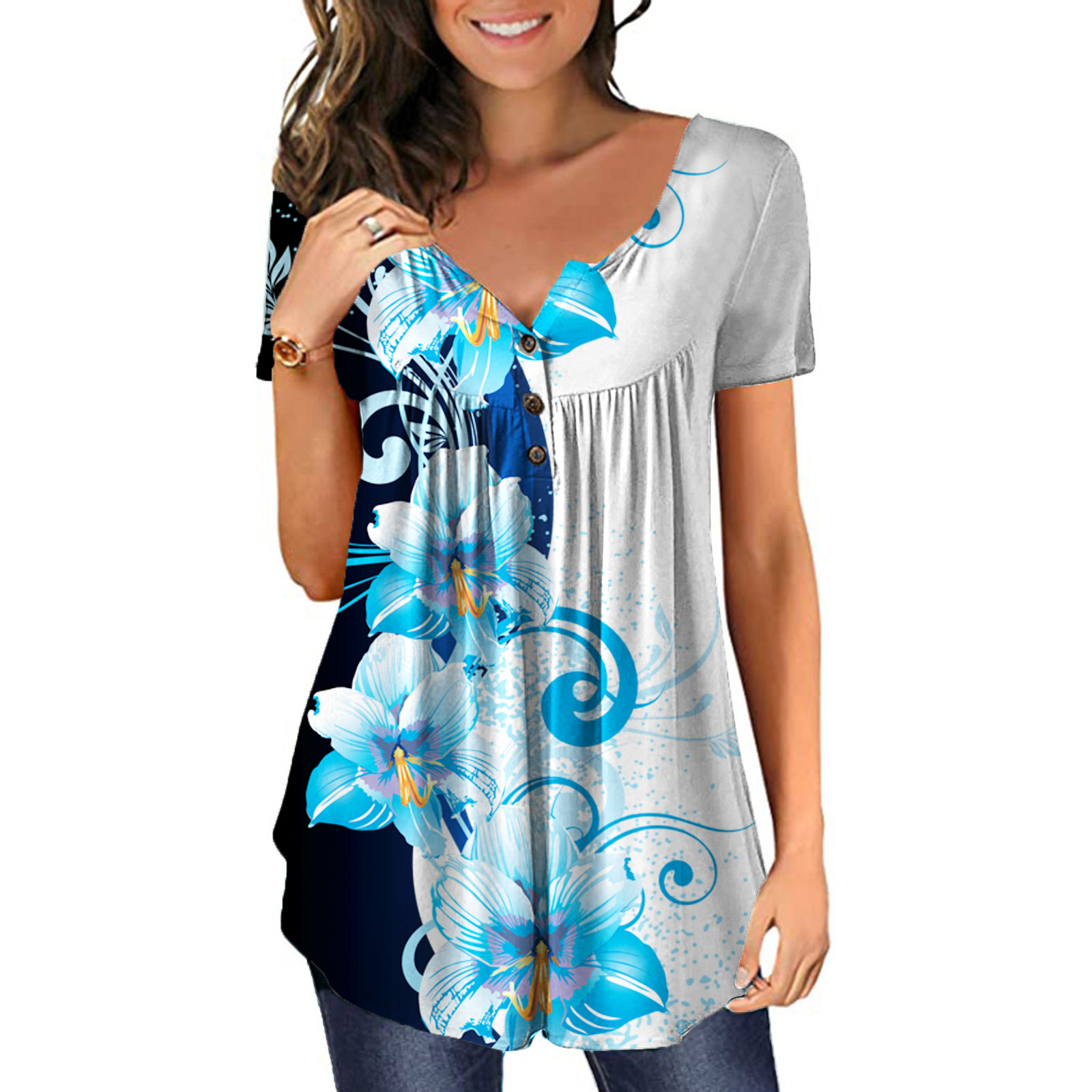 

New large print deep V pullover women's T-shirt elastic short sleeve personality sister POLO shirt