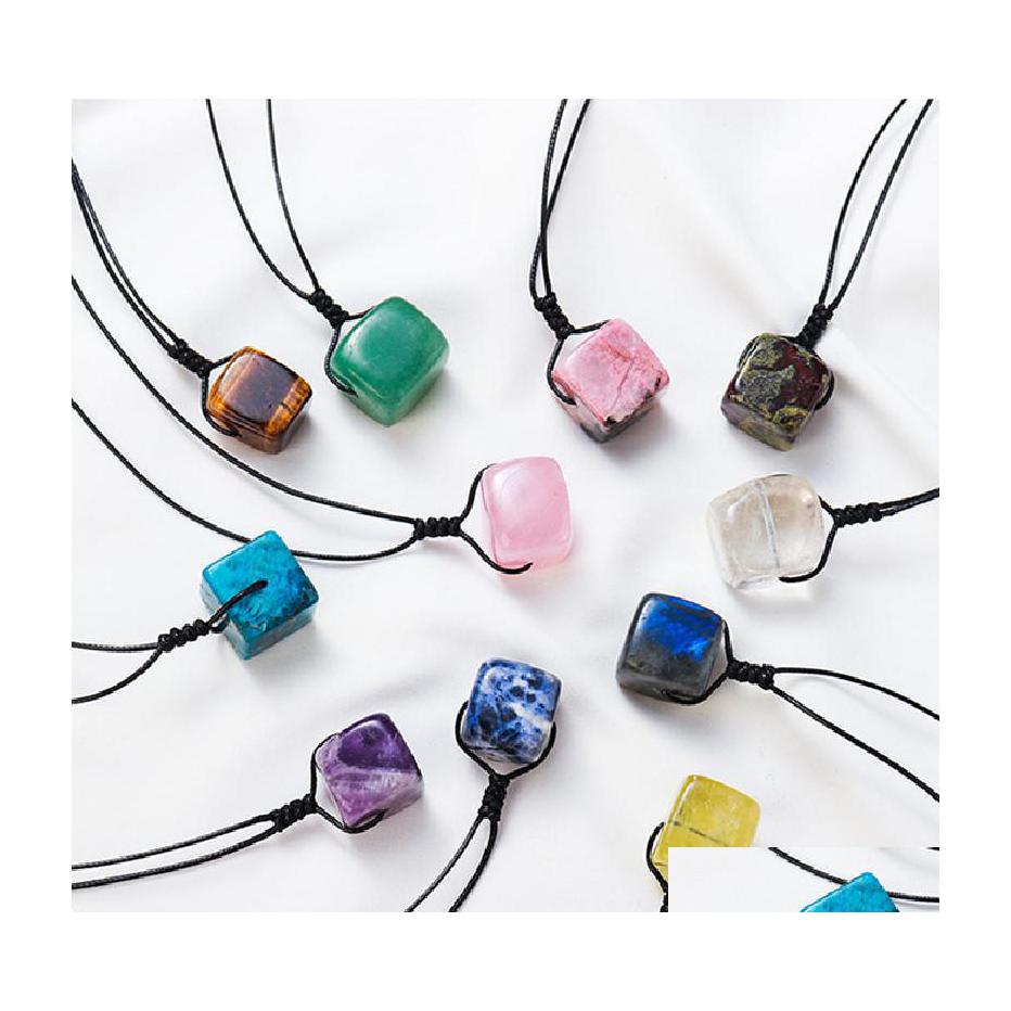 

Pendant Necklaces Natural Stone Square Cubic Rose Quartz Crystal Necklace Healing Amethyst Lapis For Women Men Jewelry Carshop2006 D Dhn0F