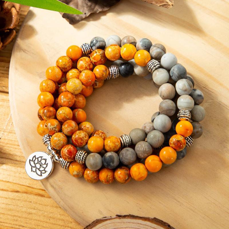 

Tennis Bracelets 108 Mala Bead Necklace Orange Sea Sediment Prayer Bracelet Natural Stone Meditation Spiritual Yoga Womens