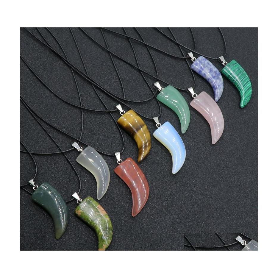 

Pendant Necklaces Natural Stone Gem Carved Ox Horn Shape Rose Quartz Crystal Jade Onyx Necklace Healing Guardian Jewelry For Men Rop Dh6Sn
