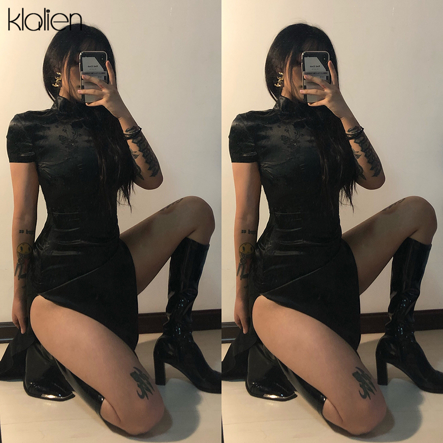 

Casual Dresses KLALIEN Black Monochrome Printing Satin Traditional Chinese Long Qipao Dress Sexy Split Tang Costume Banquet Woman 230217