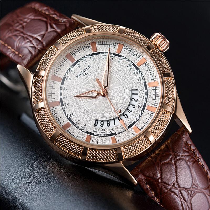 

Wristwatches YAZOLE Men Watch Business Man Quartz Mens Complete Calendar Waterproof Wristwatch Leather Band Male Clock, White brown