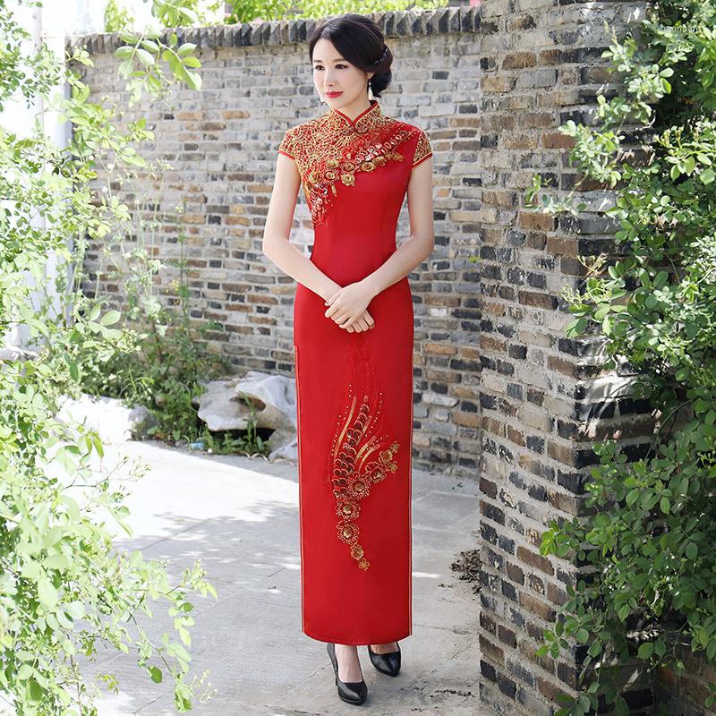 

Ethnic Clothing Oversize 5XL Red Wedding Qipao Oriental Style Dresses Stage Show Chinese Traditional Embroidery Applique Vintage Cheongsam