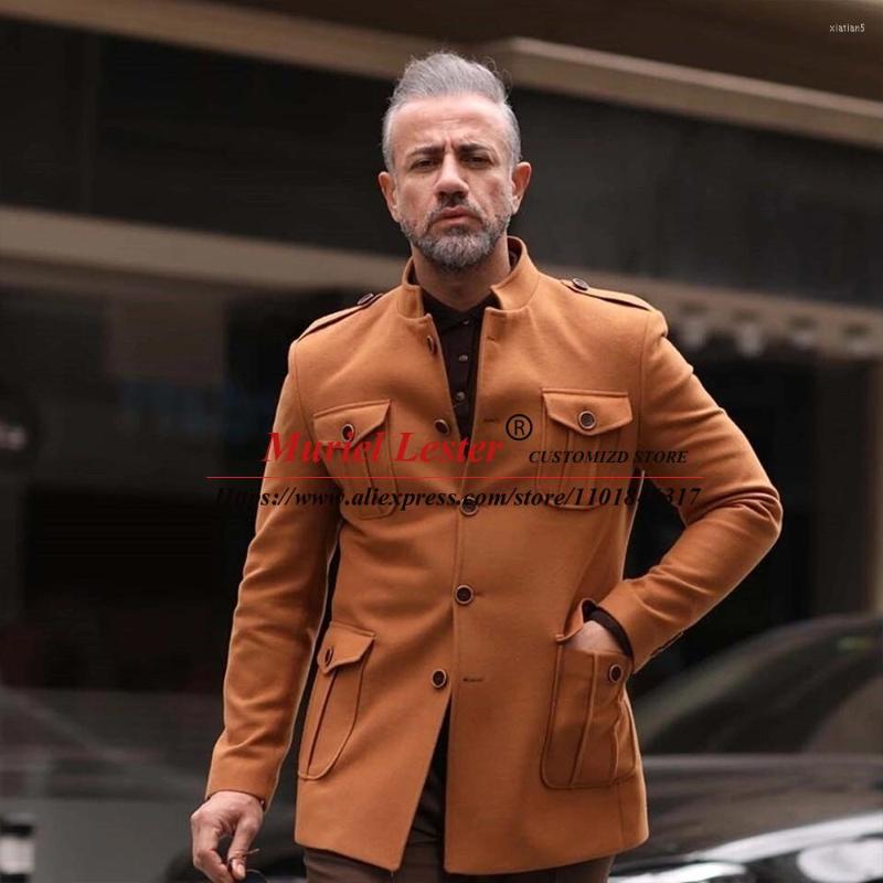 

Men's Suits Autumn/Winter Brown Coat Men Single Breasted Suit Jackets Tailored Made Tweed Wool Blend Overcoat Outwear Stand Collar Blazer, Khaki