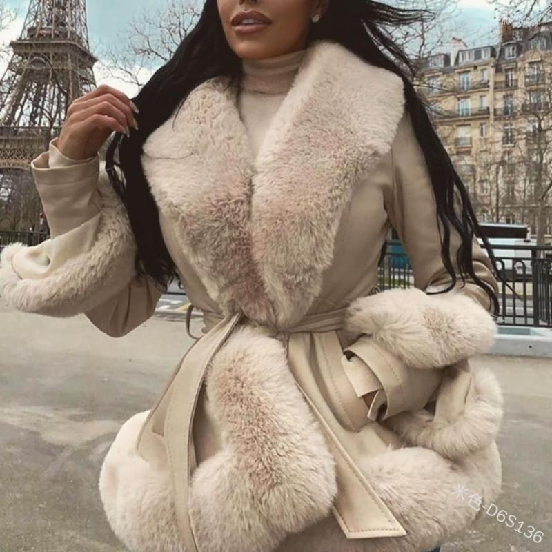 

Women' Leather Women Stylish Medium Length Coat Winter Spring PU Solid Color Faux Fur Parka Jacket, Beige