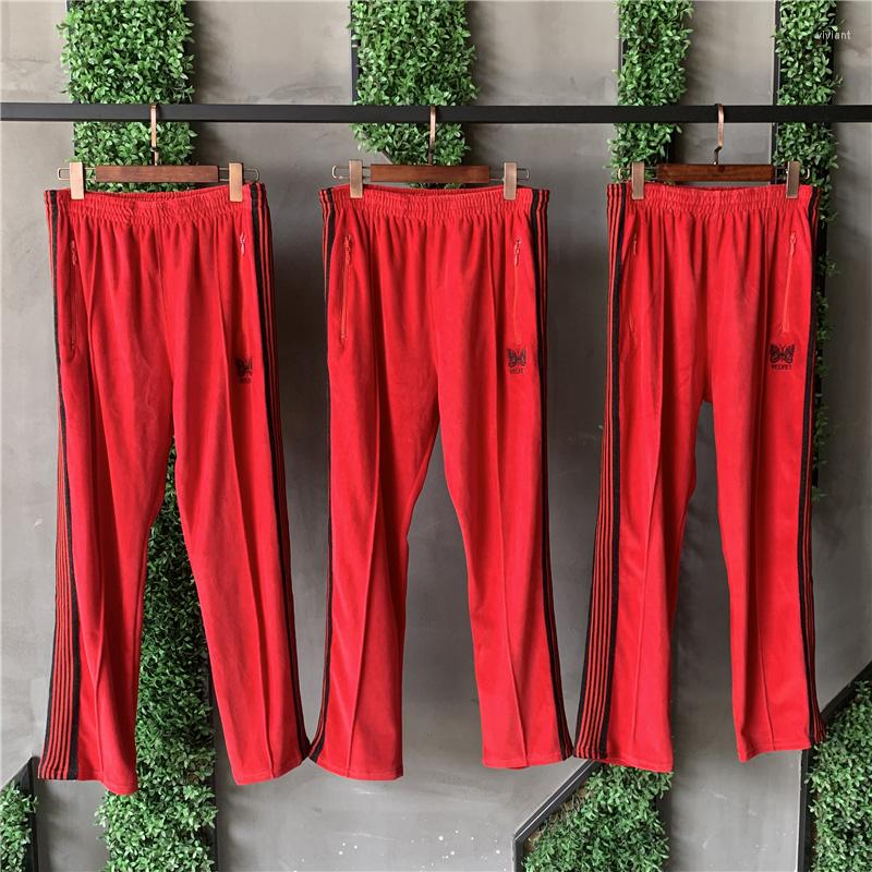 

Men' Pants Needles Velvet Red Men Women 1:1 Quality Embroidery Logo AWGE Sweatpants Casual Breathable Trousers