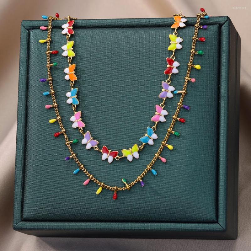 

Chains Colorful Butterfly Pendant Necklace For Women Stainless Steel Multilayer Beads Necklaces Couple In Wedding Jewelry Collar