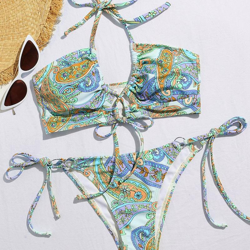 

Women' Swimwear 2023 Two Piece Mini Swimsuit Sexy Open Back Split Lace Up Micro Bikini Pink V Waist Striped
