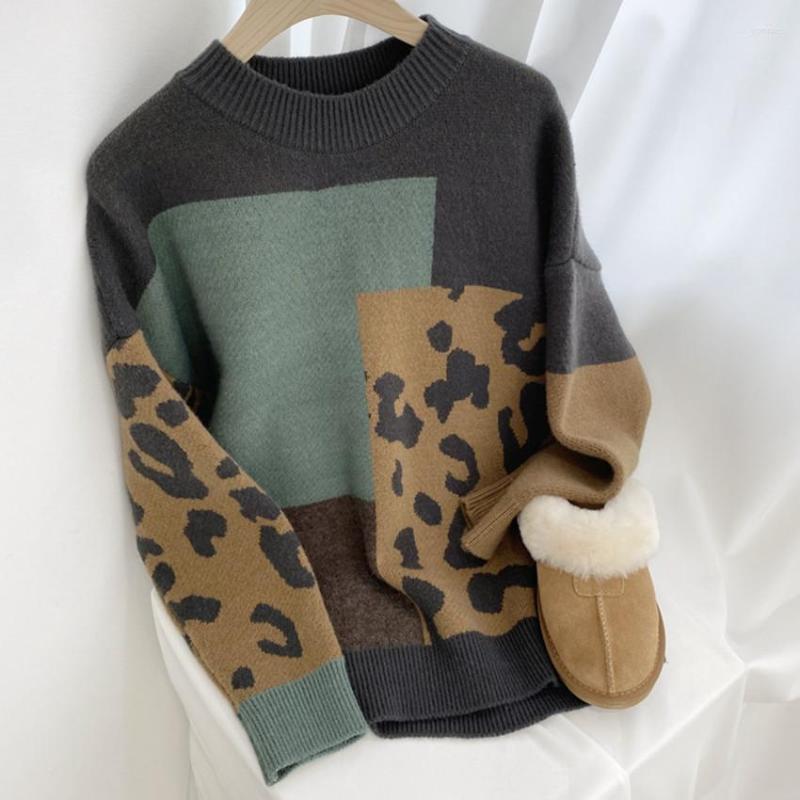 

Women's Sweaters JSXDHK 2023 Arrival Autumn Winter Leopard Patchwork Brown Knitted Sweater Vintage Women O Neck Thick Loose Pullovers Jumper, Green
