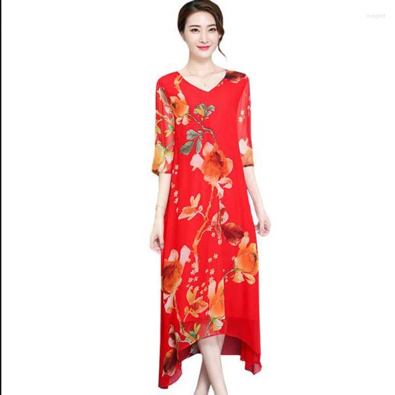 

Party Dresses 2023 Fashion Women Dress Summer Loose Leisure Floral V-Neck Plus Size Ethnic Print Silk Middle Sleeve Vestidos LY792, Black