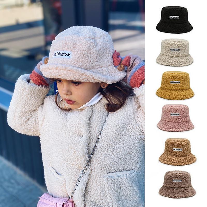

Berets Winter Baby Girl Boy Bucket Hat Cute Lamb Wool Letter Kids Fisherman Solid Flat Top Hats Children Outdoor Thick Warm Sun Cap, Beige