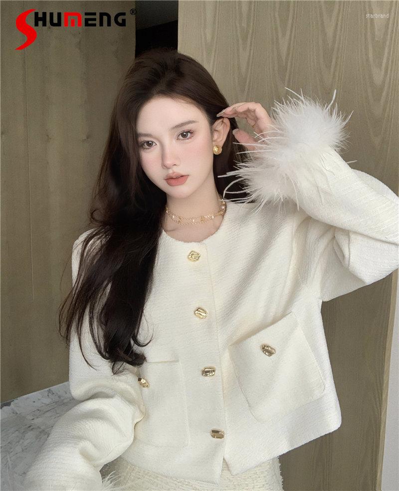 

Women' Jackets High-End Socialite Fall Winter Furry Sleeve Woven Woolen Coat Women Temperament Crew Neck Long-Sleeve Single-Breasted Jacket, Black