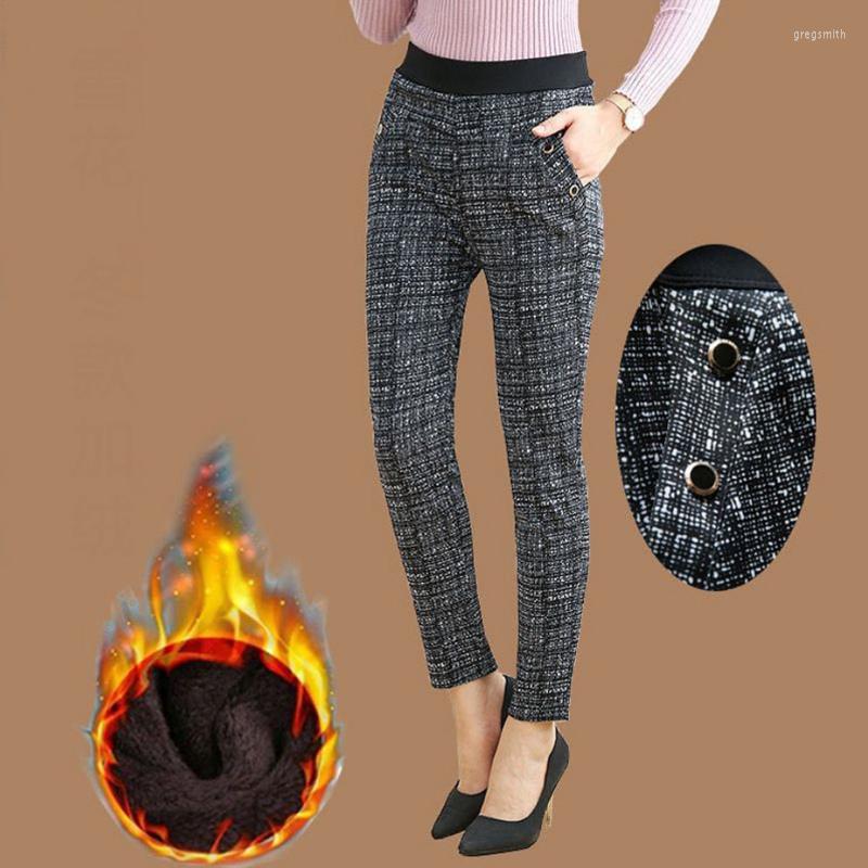 

Women's Pants 2023 Autumn Winter Plush Thick Warm Elegant High Waist Office Ladies Trousers Women Plaid Print Slim Pantalones Mujer 4XL, Qiuxuehua