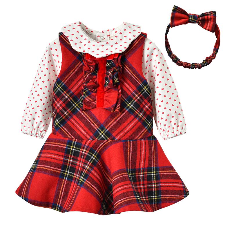 

Clothing Sets 3pcs Toddler Little Girls Outfits Sleeveless Plaid Dress T-Shirt And Headband Set School For, Red