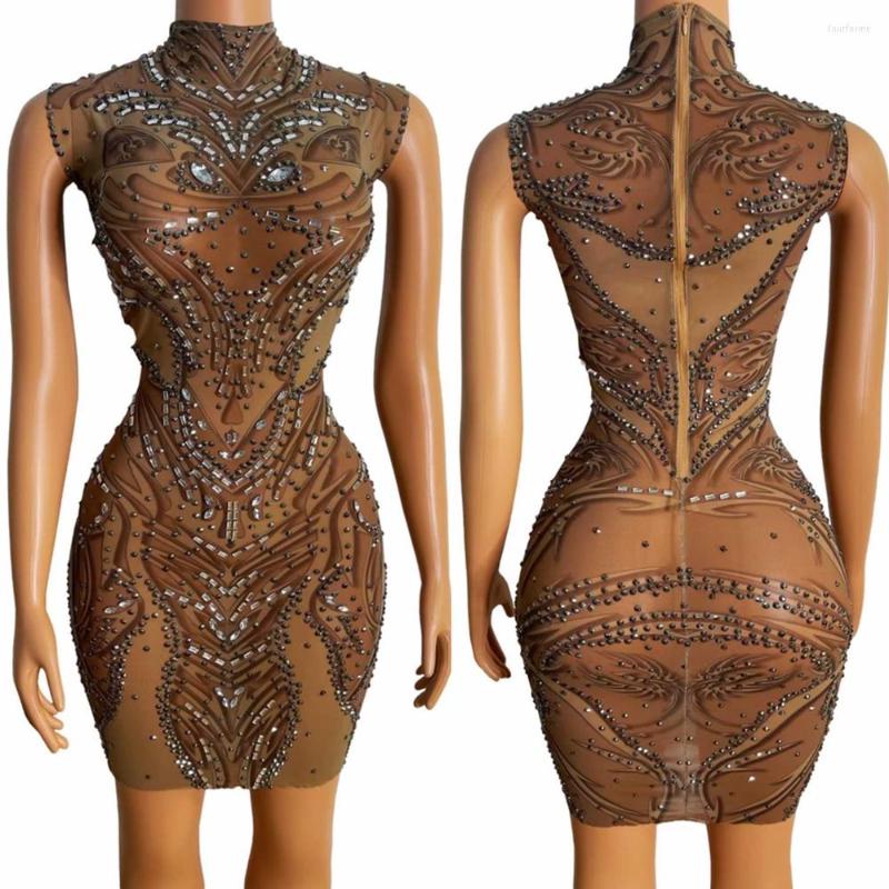 

Stage Wear Women Birthday Evening Dance Costume Dancer Singer Prom Dress Sexy Sleeveless Rhinestone Celebrate Party Bodycon Dresses, Brown