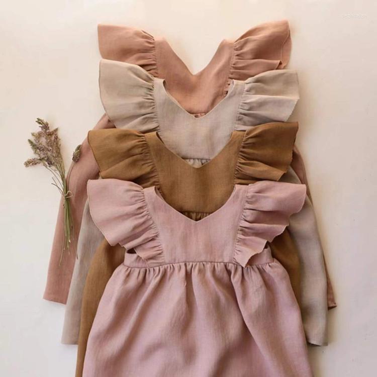 

Girl Dresses Korean Lovely Girls Ruffle Retro Cotton Dress 2023 Summer Baby Sleeveless Casual Kids Clothes V-neck, Khaki