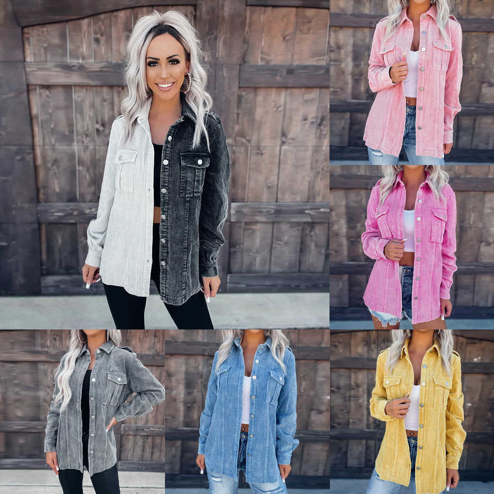 

Women Clothing New Short Coats Corduroy Lapel Washed Shirt Cardigan Denim Jackets Loose Casual Coat Woman, Deep pink