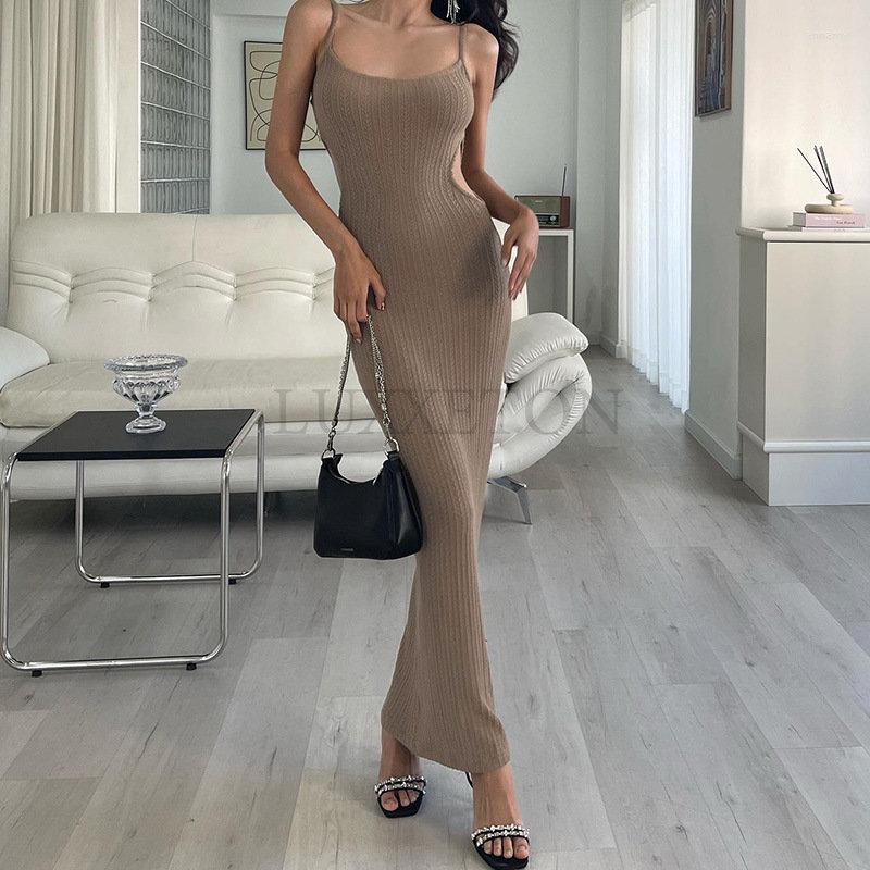 

Casual Dresses Summer Knitted Slip Dress Women Ladies Temperament Leisure Vertical Stripe Sleeveless V-neck Backless Split Long, Black