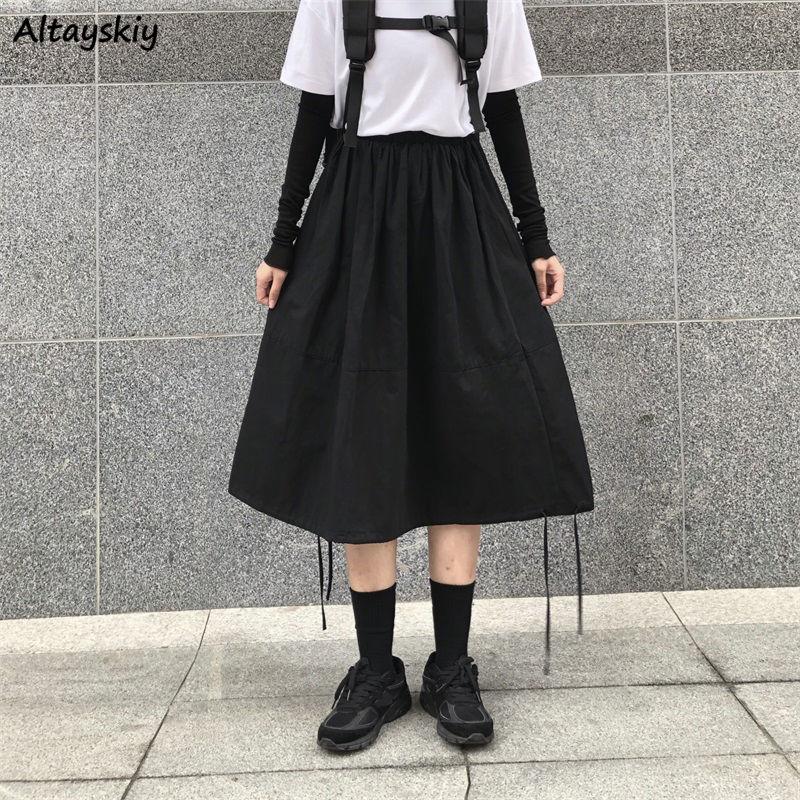 

Skirts Women College Sweet Lace-up Elastic Waist Solid All-match Summer Empire Loose Ins Thin Aesthetic Leisure Breathable, Black