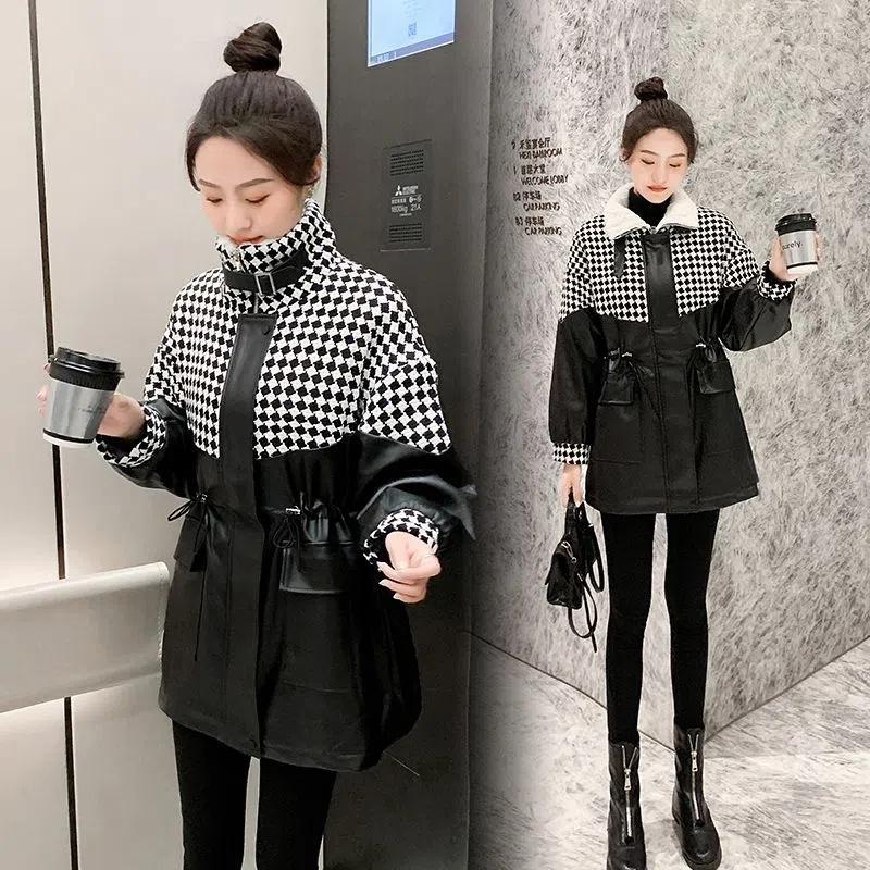 

Women' Leather Women PU Jacket Autumn Winter Fleece Parka Female High Collar Add Velvet Ladies Motorcycle, Black