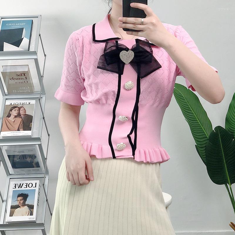 

Women' Blouses Knitted Pearls Button Up Shirt 2023 Summer Crop Tops Women Turn-down Collar Hollow Out Mujer, Pink