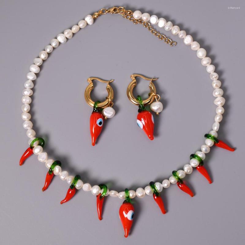 

Necklace Earrings Set KBJW Original Red Chilli Pearl Earring Funny Stunning Party Jewelry Stainless Steel Hoop Pendant For Women, Picture shown