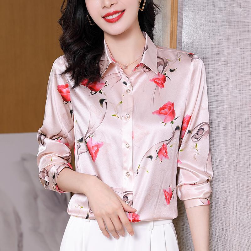 

Women's Blouses Real Silk Women's Shirt Spring Summer Elegant Turn-down Collar Women Floral Shirts Long Sleeve Woman Casual Blouse Tops, Pink
