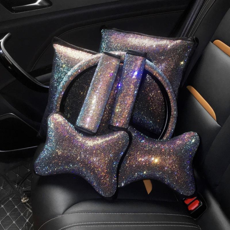 

Seat Cushions Diamond Crystal Bling Car Belt Cover Pad Neck Pillow Waist Support Steering Wheel Accessories