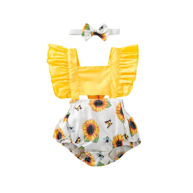 

Jumpsuits Born Baby Girl Clothes Ruffle Sunflower Print Romper Headband 2Pcs Summer Sleeveless Outfits Sunsuit For 0-24 Months, Picture shown