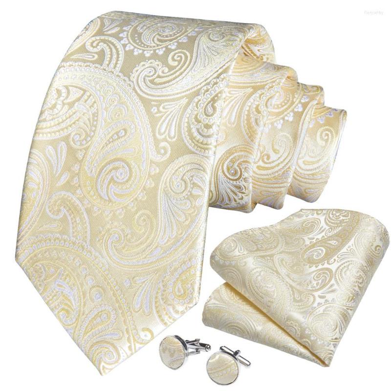 

Bow Ties Fashion Men Tie Yellow White Paisley Wedding For Business Drop DiBanGu Designer Hanky Cufflinks Set SJT-7253