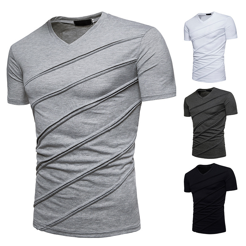 

2021 Cross-border Foreign Trade Summer New Men' Large Pleated Short Sleeve T-shirt Solid V-neck Short Sleeve T-shirt, Silver