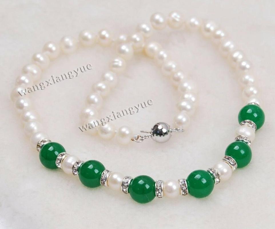 

Chains 7-8MM Natural White Akoya Pearl & Green Jade Round Beads Necklace 18"Chains
