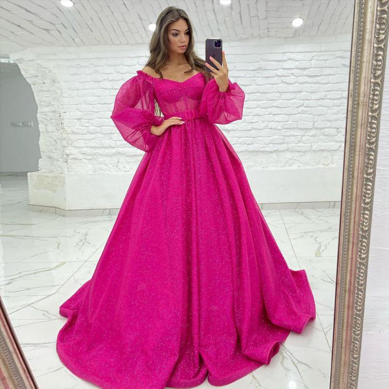 

Party Dresses Ball Gown Evening Pink 2023 V-neck Long Sleeve Glitter Tulle Prom Gowns Formal DressParty, Black