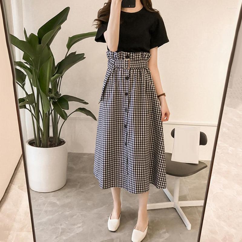 

Work Dresses Two Piece Set 2023 Summer Spring Women's Fashion Top And Skirt Loose Short Sleeve O Neck T-shirt High Waist Long, Black plaid