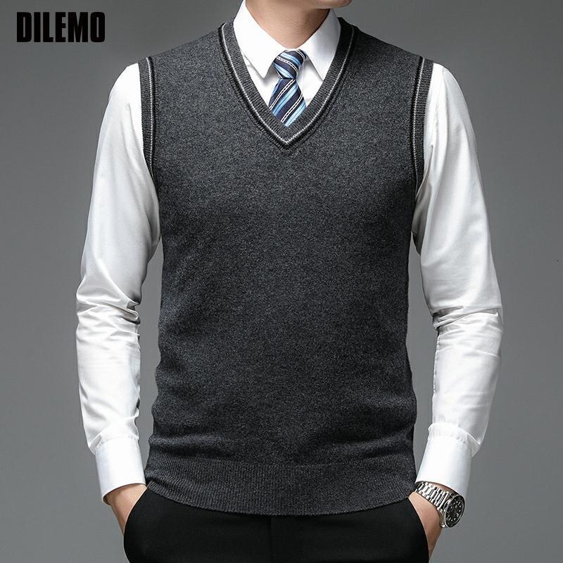 

Men's Vests 100% Wool Top Quality Autum Fashion Brand Solid Pullover Sweater V Neck Knit Vest Men Plain Sleeveless Casual Men Clothing 230217, Black