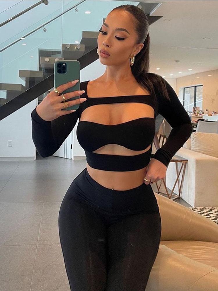 

Women' Two Piece Pants Set Women Tracksuits Sexy Cut Out Long Sleeve Crop Top High Waist Pencil Outfits 2023 Spring Fall Black GothicWomen